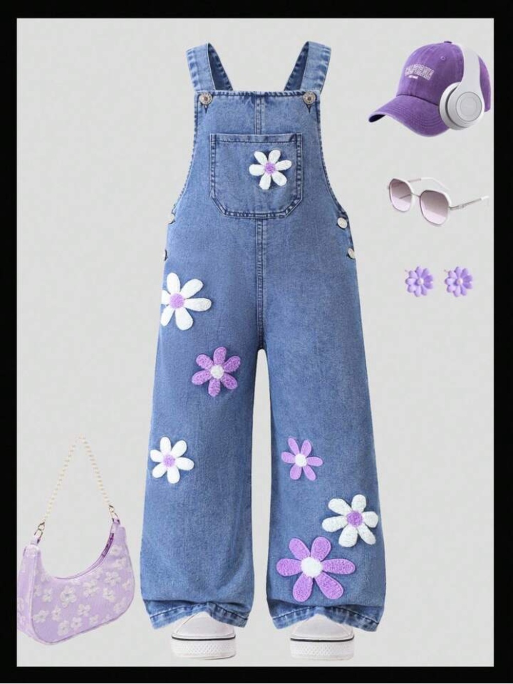NWOT Girls' Blue Denim Overalls with Purple & White Daisy Appliqués